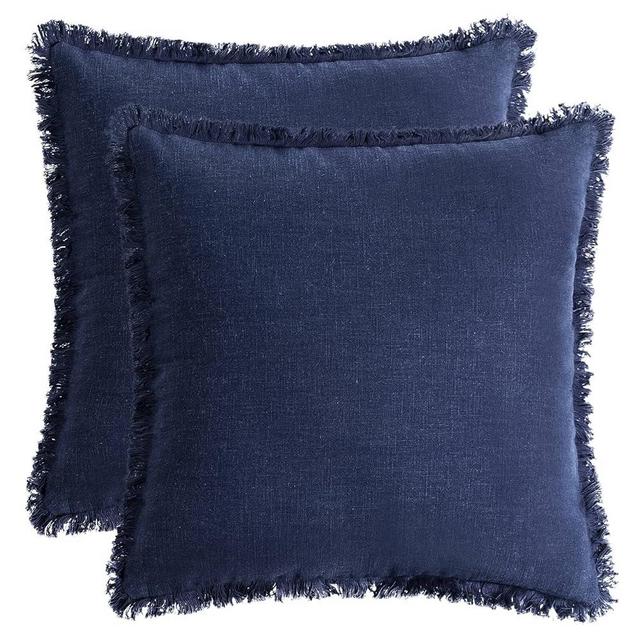 AmHoo Pack of 2 Linen Pillow Covers with Tassels Fringed Decorative Rustic Natural Throw Pillowcase Cushion for Couch Sofa Bedroom 26 x 26-Inch Navy Blue