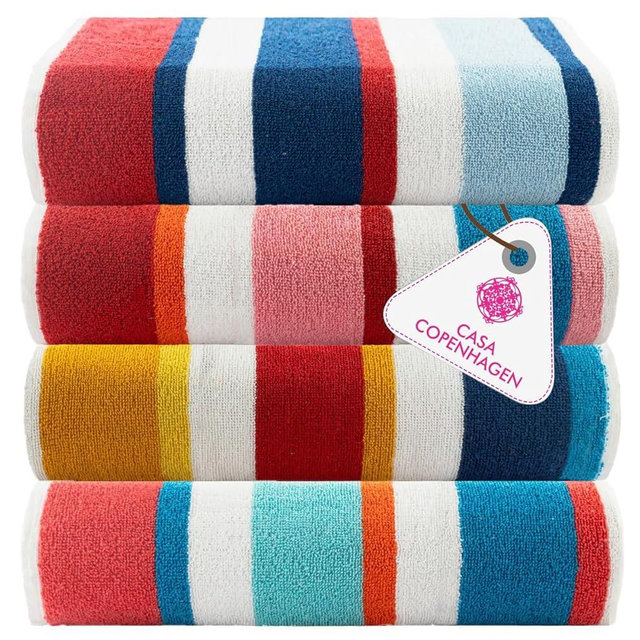 CASA COPENHAGEN Bora Bora Beach Towels Designed in Denmark Rough and Tough, Quick Dry, for Pool, Bath & Shower 30x60 inches 4 Pieces Cotton Beach Bath Towels Set - Pink, Red, Yellow, Turquoise