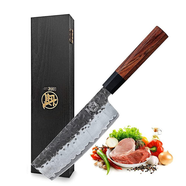 MITSUMOTO SAKARI 7 inch Japanese Nakiri Chef Knife, High Carbon Stainless Steel Vegetable Kitchen Knife, Hand Forged Professional Multipurpose Asian Chef Knife (Rosewood Handle & Gift Box)