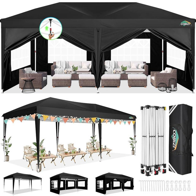 COBIZI 10x20 Canopy Tents for Parties 10x20ft Easy Setup Pop up Tents with Sidewalls & One Push Lock Waterproof Outdoor Large Shelter Party Tent for Wedding Car Port Events Patio Gazebo(Black)