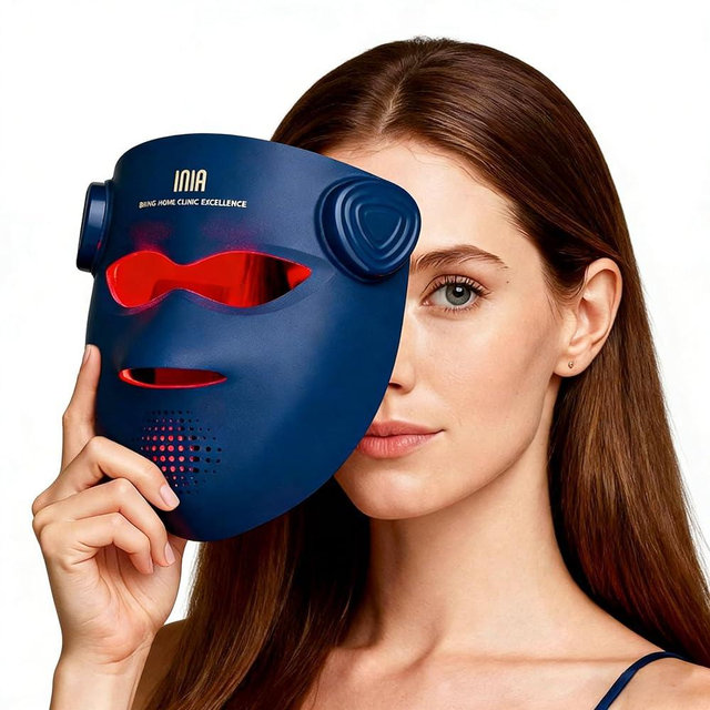 INIA Glow 4D Wireless Red Light Therapy Mask for face – Dual NIR, 320 LEDs, 4 Modes, Under-Eye Cooling, Cordless & Rechargeable LED Face Mask for Home & Travel, Skincare Gifts for Women Mom Wife, Blue