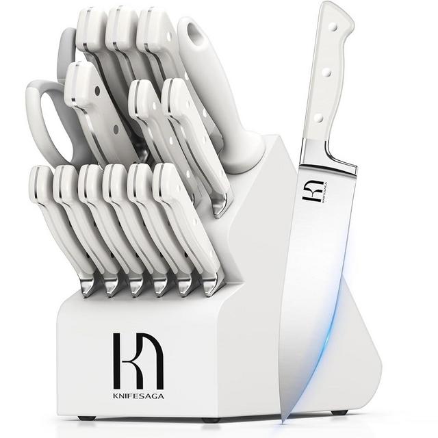 KnifeSaga Knife Block Set, 15 Pcs Kitchen Knife Set, Enduring Razor-Sharp Japanese High Carbon Stainless Steel Knife Set with Block, Premium Forged Knife Set for Kitchen and Professional Chefs, White