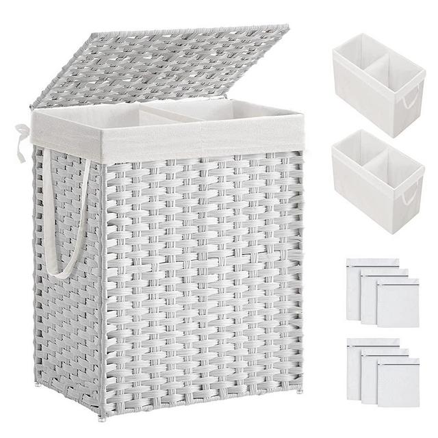 SONGMICS Laundry Hamper with Lid, 90L Clothes Hamper with 2 Removable Liner Bags & 6 Mesh Bags, Wicker Laundry Basket, Double Laundry Hamper for Bathroom, 13 x 18.1 x 23.6 Inches, White ULCB251W01V1