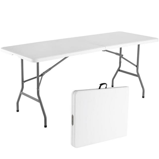 WGCTEK Plastic Folding Table 6ft Long, Portable Picnic Table with Carrying Handle, Indoor Outdoor Rectangular Camping Table for Party,Banquet,Card,Wedding,Kitchen,BBQ,White-Curved Leg