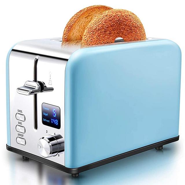 AEVO 2-Slice Toaster [Extra-Wide Slots with Digital Time Display] [Bagel/Defrost/Cancel Buttons] [6 Bread Shade Settings] Compact Stainless-Steel Toaster, Blue