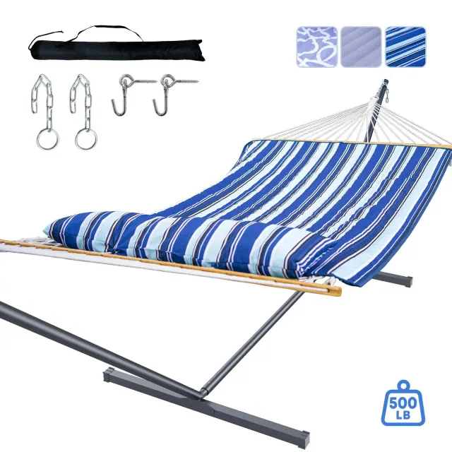 Mastgoal 2-Person Cotton Rope Double Hammock with Stand, Removable Polyester Pad, 500LBS Capacity