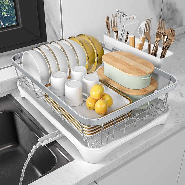 HOMEAILIE Dish Drying Rack - 304 Stainless Steel Dish Rack with Utensil Holder & Adjustable Spout, Space-Saving Organizer, Large Capacity for Bowls, Dish Drainer with Drainboard, White