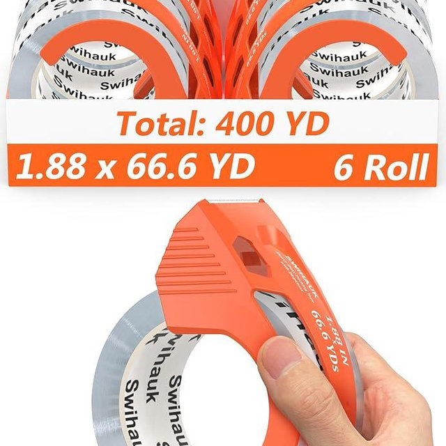 Total 400 yd, 6 Pack 1.18 in x 66.6 yd - Heavy Duty Packing Tape with Dispenser, Bingding Tape, Clear Shipping Tape, Packaging Tape, Package Tape for Shipping Moving Storage and Mailing