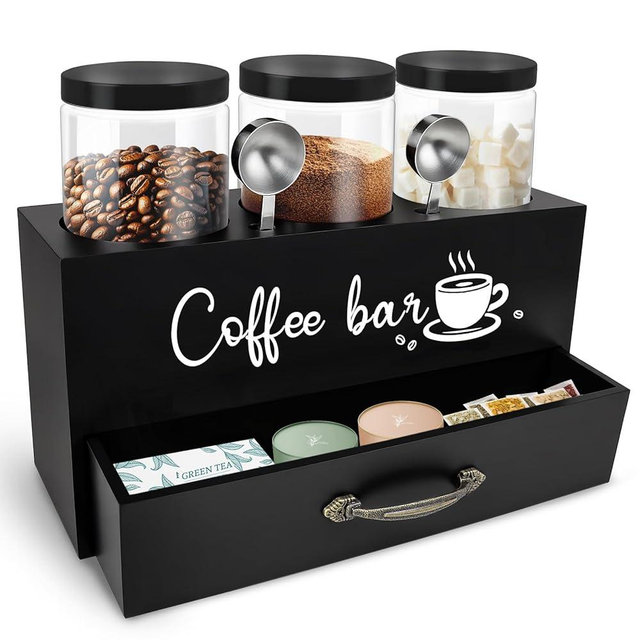 MACIFECI 54 oz Coffee Canister Set with Shelf, Coffee and Sugar Container Set of 3 Canisters Sets for Kitchen Counter, Plastic Coffee Bean Storage Container with Scoop (Black - Drawer)
