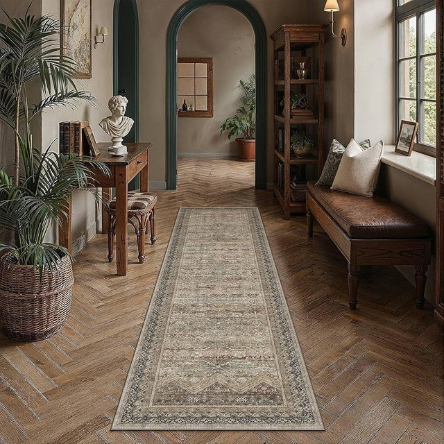 HUGEAR 2x8 Runner Rugs Retro Brown Washable Hallway Rug Vintage Boho Bedroom Rug No Shedding Soft Durable Low Pile Carpet Non Slip Indoor Dining Room Kitchen Home Decor Floor Mat