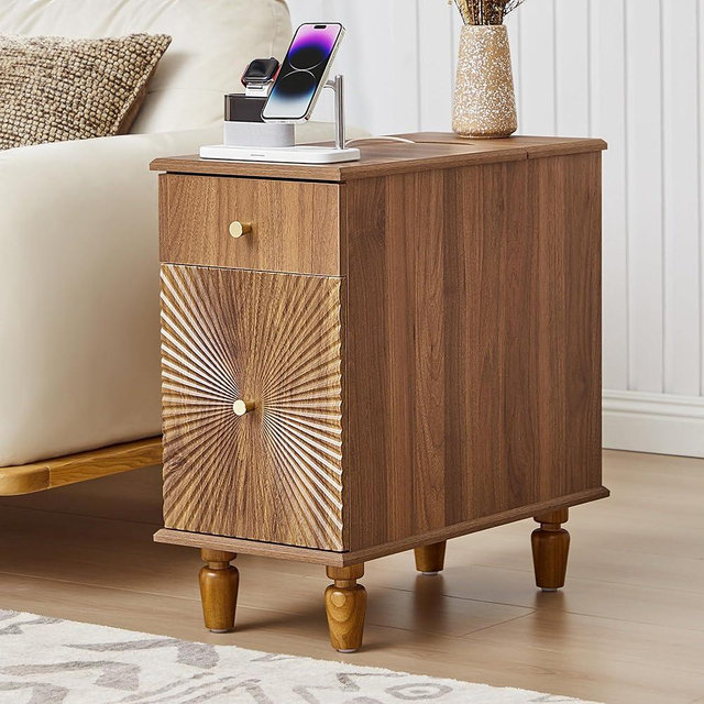 weselon Narrow End Table with Charging Station, Slim Nightstand with Drawer & Fluted Blister Door, Accent Wooden Bedside Side Table for Small Space Living Room (1, Walnut)