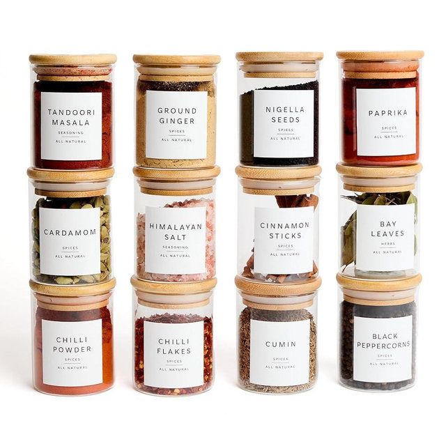 Livabl Glass Spice Jars with Labels-12 Pack- 6.8oz- 360 Labels- Spice Containers with Bamboo Lids -Spices Organization for Cabinet-Drawer-Rack-Seasoning containers-herbs- Organizer-Spices Bottles