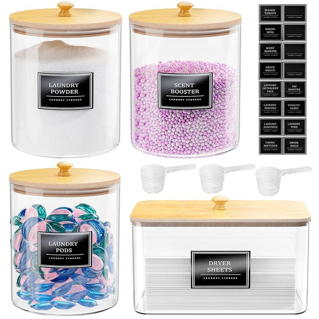 3+1 Pack Glass Laundry Pods Container & Acrylic Dryer Sheet Holder, Clear Laundry Room Organization Containers with Bamboo Lids & Labels, Powder Laundry Detergent Container for Scent Booster, Powder
