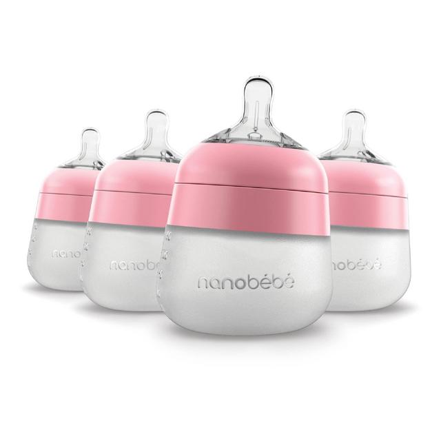 Nanobébé Flexy Silicone Baby Bottle, Anti-Colic, Natural Feel, Non-Collapsing Nipple, Non-Tip Stable Base, Easy to Clean 4-Pack, Pink, 5 oz