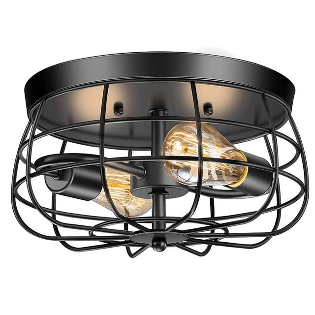 Lomoky 2-Light Farmhouse Flush Mount Ceiling Light Fixture, Industrial Black Ceiling Light, Vintage Metal Cage Ceiling Lamp for Living Room, Kitchen, Bedroom, UL Listed