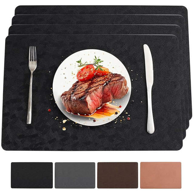 Bxzandya Faux Leather Placemats,4 PCS of Heat Resistant Easy Clean Non-Slip Place Mats for Dining Table. Waterproof Stain Resistant Wipeable Washable PU Table Mats(4, Black)