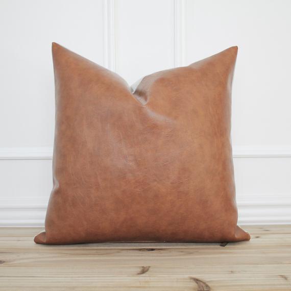 Cognac Faux Leather Pillow Cover • Camel Leather • Brown • Lumbar Pillow • Decorative Pillow • 20x20 • Designer Pillows • 16x26 || Preston
