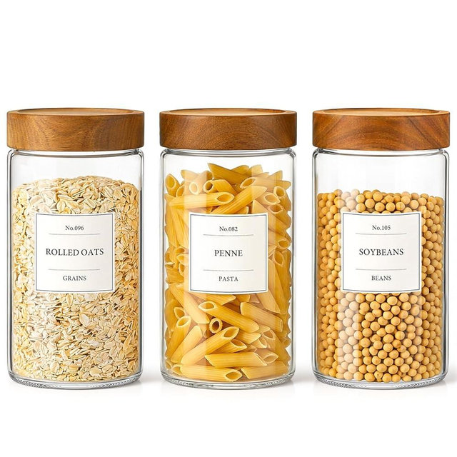 CONNOO 40oz Airtight Glass Storage Containers with Wood Lids (3-Pack) – Includes 120 Pre-Printed Waterproof White Kitchen Labels – Tall Pantry Canisters for Flour, Pasta & Cereal