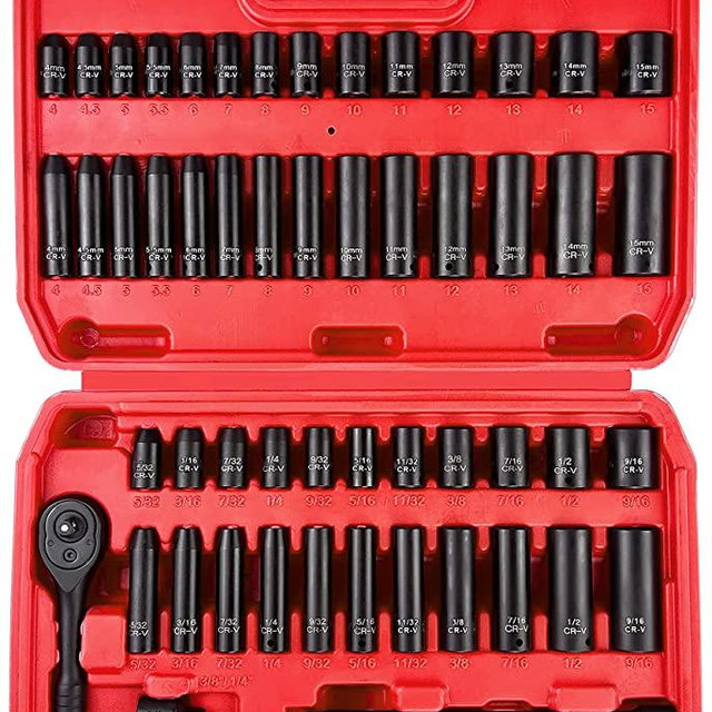 WETT 1/4" Drive Impact Socket Set, 55 Piece, SAE/Metric, Deep/Shallow, Cr-V Steel, 6 Point, (5/32"-9/16", 4-15mm) Socket with Extension bar, Universal Joint, Socket Adapter and Ratchet Handle