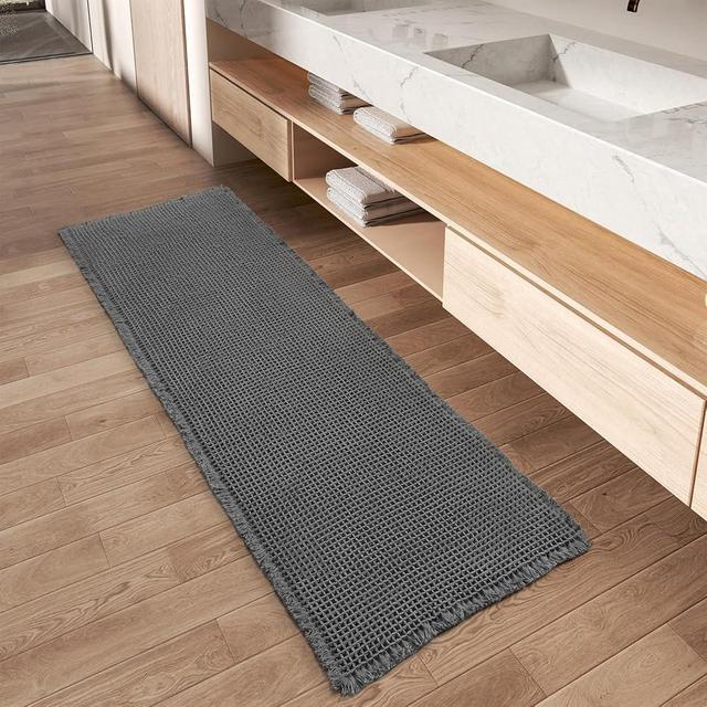 Upgraded Waffle Runner Rug Super Absorbent Non Slip Bath Mats for Bathroom Floor Machine Washable Bathroom Runner Rug with Tassels, Ideal for Hallway Bedroom Laundry Room, Dark Grey, 2'x 4'（24" x 48")