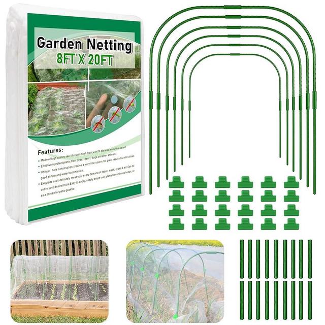 Garden Netting Kit, Garden Netting Kit for Raised Beds - 6pcs Garden Hoops with 8x20 ft Ultra Fine Garden Netting & 24 Clips, Protection Plant Covers for Greenhouse Vegetable Row Cover Bird