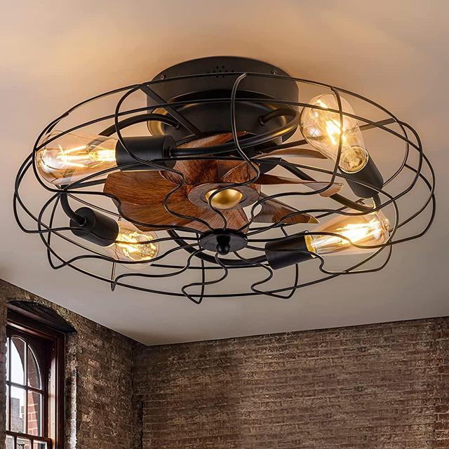 DIDER 20'' Low Profile Caged Ceiling Fan with Lights Remote Control, Modern Enclosed Bladeless Ceiling Fan Indoor, Bedroom Fan, Small Industrial Black Ceiling Light Fixture, Include Bulbs