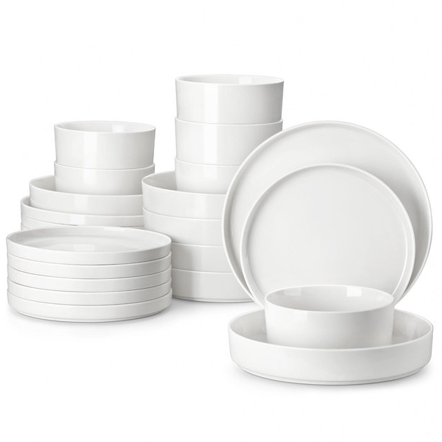 vancasso 24 Piece Set Of White Curved Vertical Edge Design Ceramic Tableware Serving 6 People