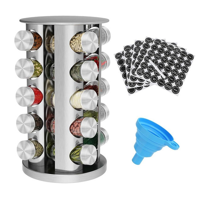 Daiumulti Rotating Spice Rack Organizer, Spice Tower for Countertop, Revolving Spice Rack Set for Cabinet, Silver Steel Kitchen Seasoning Organizer with 20 Jars and Funnel