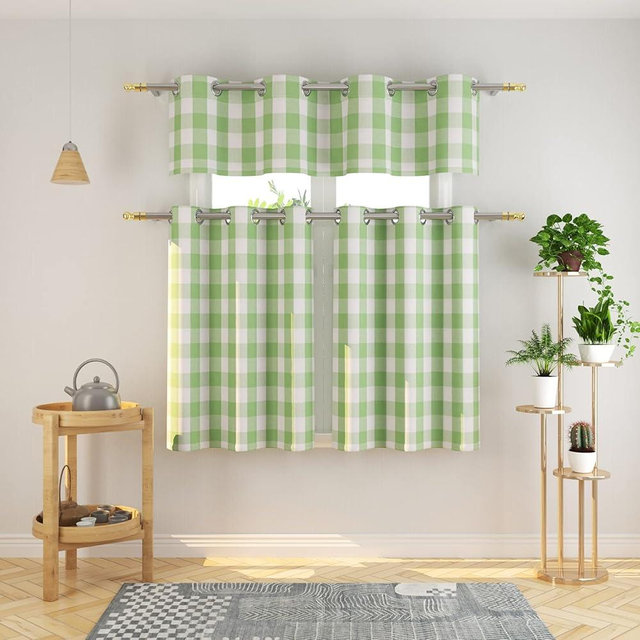 NATUS WEAVER 3 Pc Cotton Classic Country Farmhouse Kitchen Window Curtain Grommet Top -Mint Green & White Buffalo Check Tier & Valance Set, 54" x 18" / 32" x 30"