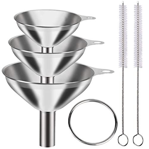 YLYL 6 Pcs Metal Stainless Steel Funnel, Large Small Funnel Set of 3, Food Grade Mini Funnels for Kitchen Use Filling Bottles Liquor Flask Tiny Spice Cooking Powder Water, 2 Pcs Cleaning Brushes