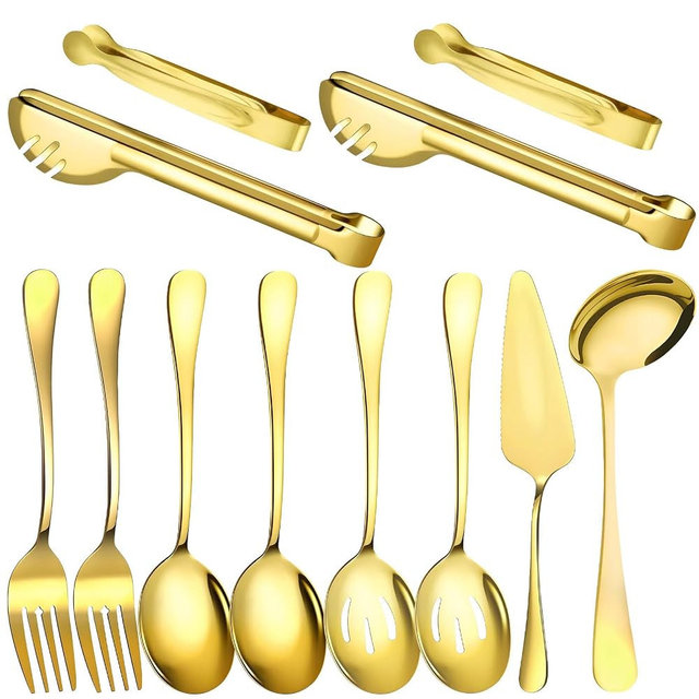 12 Pcs Gold Serving Utensils Set Include Stainless Steel Large Serving Spoons Slotted Spoons Forks Soup Ladle Pie Server - Metal Utensils for Parties Buffet Catering, Dishwasher Safe