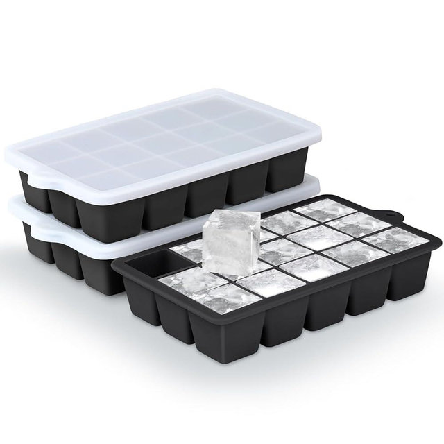 Silicone Ice Cube Trays 3Packs, Easy Release Ice Cube Molds with Lid, Freezer Stackable Ice Maker for Whiskey, Baby Food, BPA Free (Black)