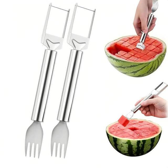 2-in-1 Stainless Steel Fruit Cutter, 2025 Summer Upgrade Dual Head Watermelon Fork Slicer Tool, Portable WaterMelon Slicer Fruit Cutting Home Kitchen Gadgets (2)