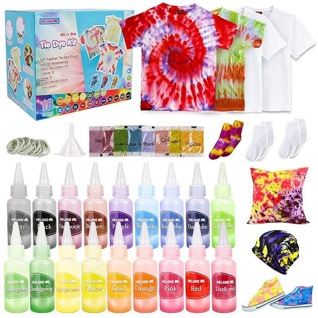 Meland Tie Dye Kit - 18 Colors DIY Tie Dye Set with 3 White T-Shirts, All-in-1 Fabric Tie Dye Craft Set for Kids & Adults, Tye Dye for Party Group Activity, Birthday Christmas Gifts for Girls Boys