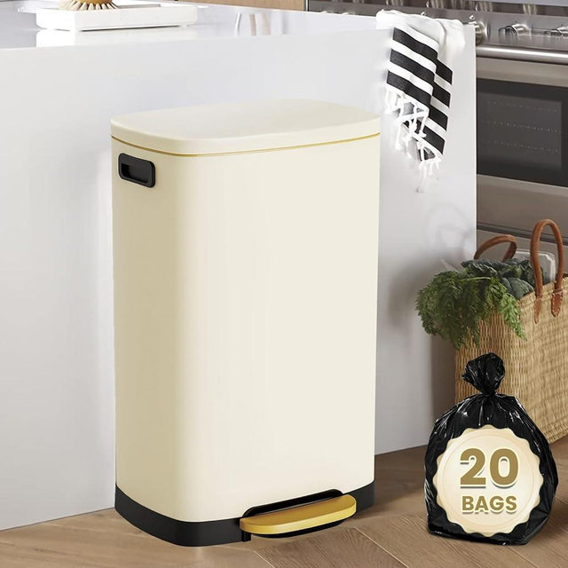 SYNCVIBE 13 Gallon Trash Can with Lid, 50L Stainless Steel Soft Close Lid Rubbish Bin with Removable Inner Bucket, Pedal Garbage Can for Home Office, Kitchen, Bedroom, Living Room, Cream White
