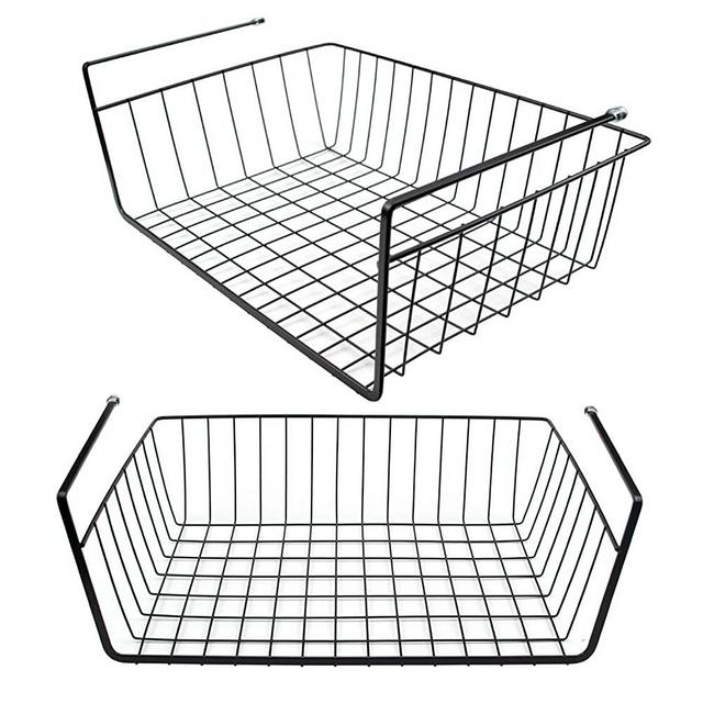 Tebery 2 Pack Black Under Cabinet Storage Shelf Wire Basket Organizer Fit Dual Hooks for Kitchen Pantry Desk Bookshelf