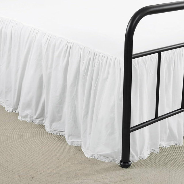 Vlocemon Lightweight 100% Cotton Dust Ruffle, Queen Size 18" Drop White Ruffled Bed Skirt, Crochet Edge, French Country Style with Split Corners, Easy Fit and Soft