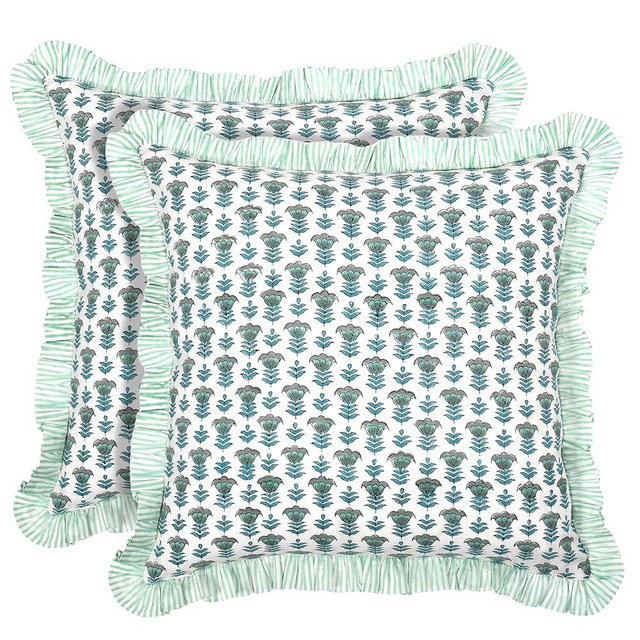 Ridhi Modern Farmhouse Pillow Covers Decorative Cotton Throw Pillow Covers Set of 2 Aquamarine Blue Cushion Covers with Ruffle for Couch Sofa Bed Living Room Spring Home Decor 24x24