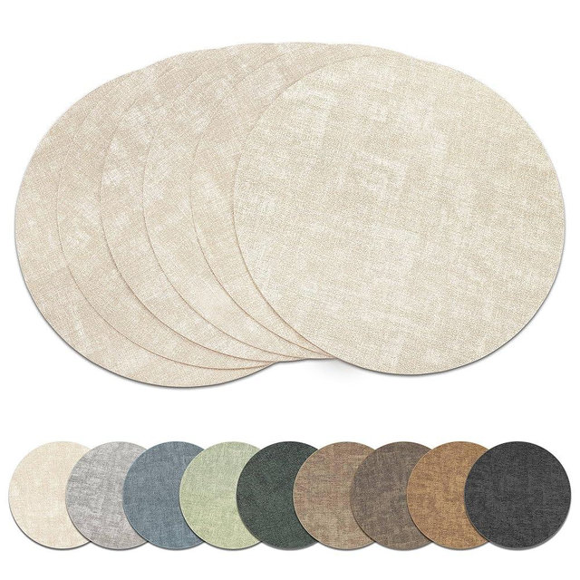 Round Placemats Set of 6, Reversible Faux Leather Heat Resistant Table Mats, 100% Waterproof Oilproof Wipeable Table Protective Placemats for Vinyl, Washable for Indoor & Outdoor Use (6, Beige)