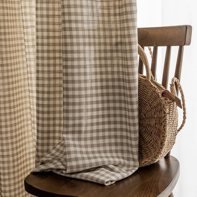 AZIMUZIXI Retro Rustic Cotton and Linen Light Filtering Plaid Curtains for Living Room Dining Room,Rop Pocket Semi-Shading Window Curtains Set 2 Panels (Brown,W39*L84)