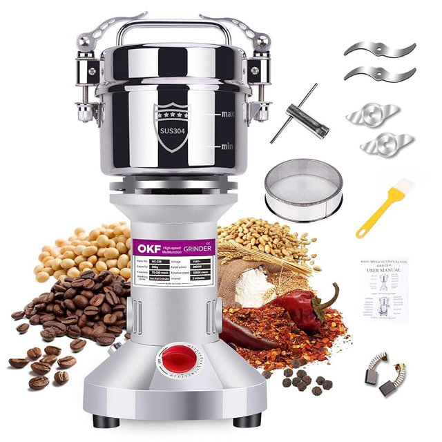 OKF 550g Grain Mill Grinder Electric, 304 Stainless Steel Flour Mill, 2000W High-speed Commercial Spice Grinder, Superfine Kitchenaid Grain Mill for Home, Wheat Grinder for Making Flour, Grain Grinder