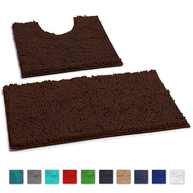 LuxUrux Bathroom Rugs Luxury Chenille 2-Piece Bath Mat Set, Soft Plush Anti-Slip Shower Rug +Toilet Mat.1'' Microfiber Shaggy Carpet, Super Absorbent Machine Washable Bath Mats(Curved Set, Brown)