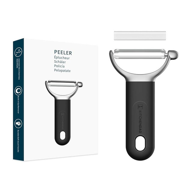 KITCHENDAO Swivel Vegetable Potato Peeler for Kitchen, Japanese Stainless Steel Sharp Blade, Heavy Duty Die-cast Construction Y Peeler, Built-in Eye Remover, Soft-touch Handle, Dishwasher Safe, Black