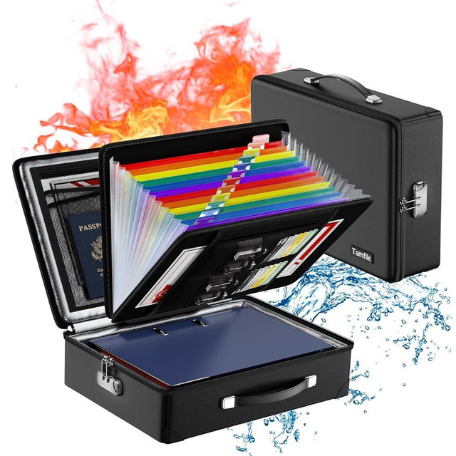 Fireproof Document Box with Fireproof Zipper, Hard Fireproof Safe Case with Lock, Fireproof Water Resistant Safe Box with Accordion File Organizer for Important Documents, Valuables, Laptop, Black