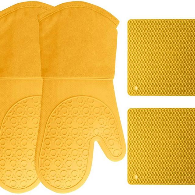 HOMWE Silicone Oven Mitts and Pot Holders, 4-Piece Set, Heavy Duty Cooking Gloves, Kitchen Counter Safe Trivet Mats, Advanced Heat Resistance, Non-Slip Textured Grip (Yellow)