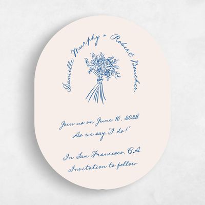 Blue Oval Wedding Save the Date - Cerise Portrait