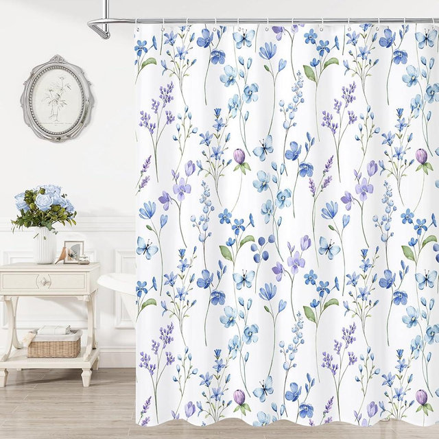 Litabel Watercolor Floral Shower Curtain, Blue Butterfly Flower Shower Curtain for Bathroom, Modern Minimalist White Waterproof Fabric Shower Curtain Set, 72x72 Inch