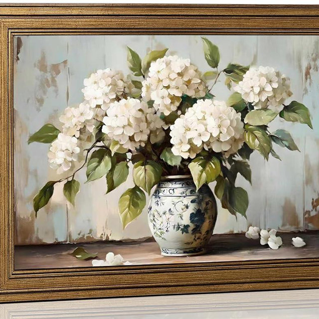 Gold Framed Vintage White Hydrangea Canvas Wall Art Rustic Farmhouse Floral Picture Wall Decor Blue and White Vase Poster Print for Bedroom Living Room Office Home Decoration 9x11in