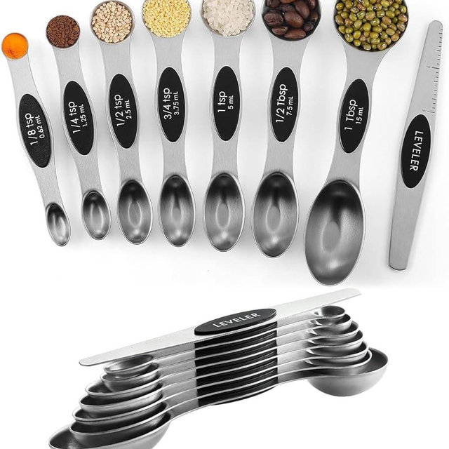 ChefAide Pack of 8 Stainless Steel Magnetic Measuring Spoons Set, Dual Sided, Stackable, Adjustable Teaspoon and Tablespoon Measure Spoon with Leveler, Kitchen Gadgets Set 5