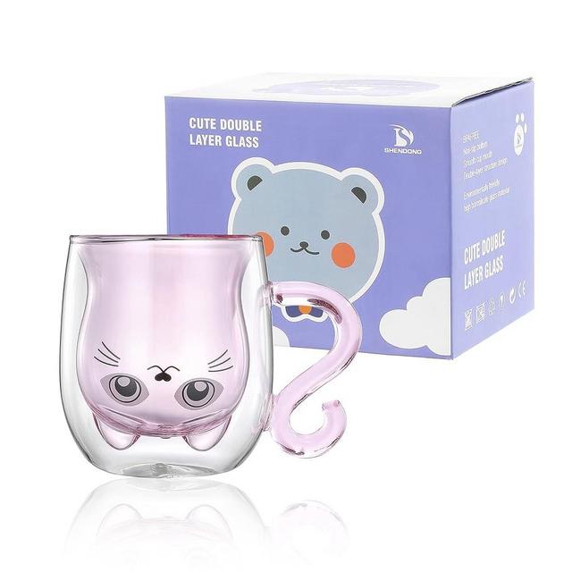 SHENDONG Cute Cat Mugs Cute Cups Cat Tea Coffee Cup with Handle 8.5oz Milk Cup Double Wall Insulated Glass Espresso Cups Glass Gift for Personal Birthday Valentine's Day and Office (Pink cat)